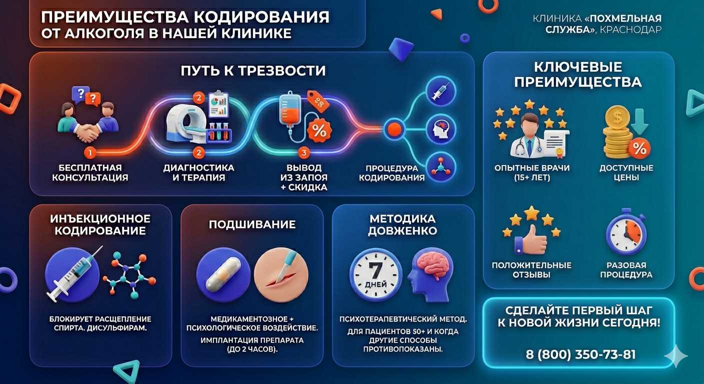Инфографика о методах кодирования от алкоголя в Обухово: инъекции, подшивание, метод Довженко. Преимущества клиники и этапы лечения.