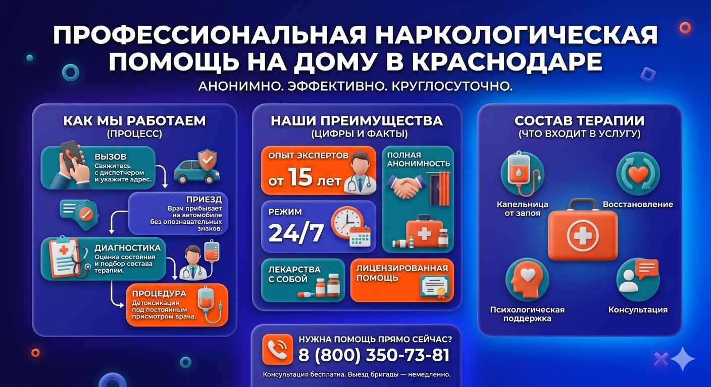 Инфографика о принципах лечения алкоголизма на дому в Обухово: этапы вызова нарколога, преимущества анонимной детоксикации и состав медицинской помощи.